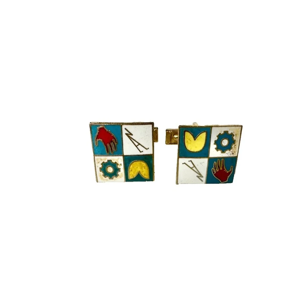 Vintage Cufflinks w Enamel Symbols Resembling a Farming Club